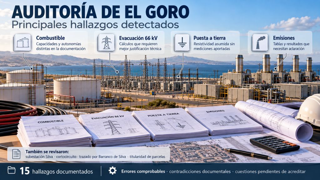 Infografía con los principales hallazgos de la auditoría de El Goro sobre combustible, evacuación a 66 kV, puesta a tierra y emisiones contaminantes.