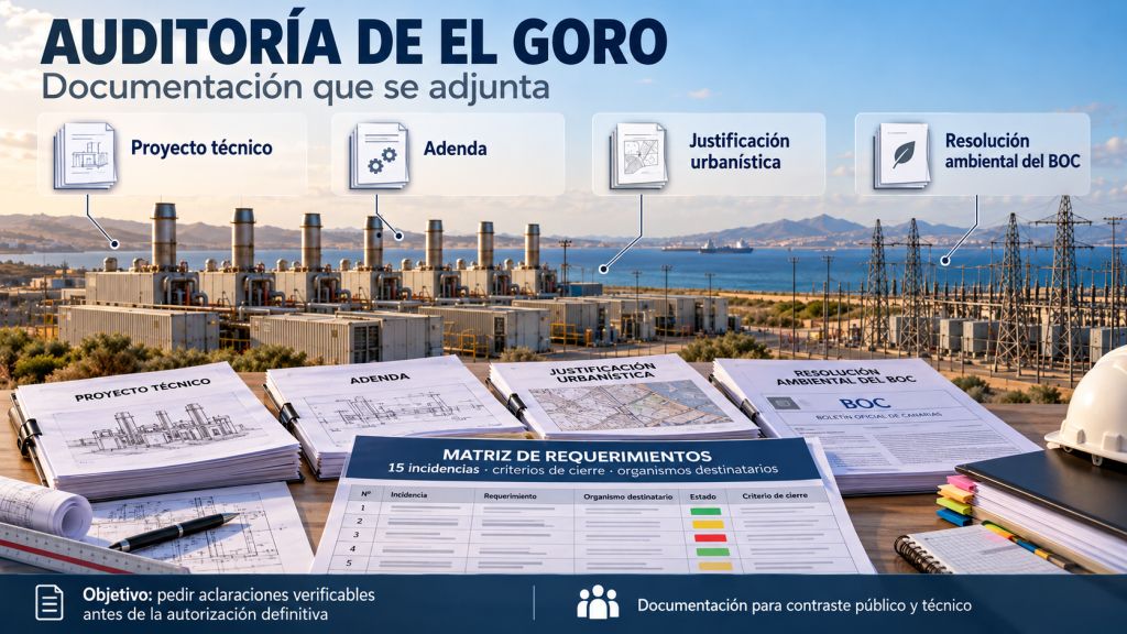Infografía de la auditoría de El Goro que presenta los documentos técnicos y la matriz de quince requerimientos para solicitar aclaraciones a la Administración.