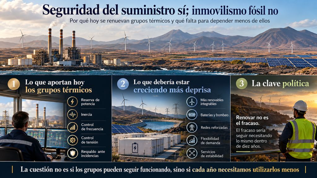 Infografía sobre la función de las centrales térmicas en Canarias y las alternativas renovables, de almacenamiento y de estabilidad eléctrica necesarias para reducir su utilización.