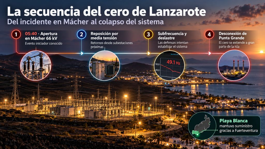 Secuencia del cero de Lanzarote desde la apertura en Mácher hasta la subfrecuencia y la desconexión de Punta Grande