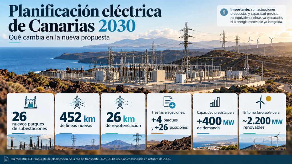 Infografía sobre la planificación eléctrica de Canarias 2030, con nuevos parques de subestaciones, líneas de transporte, repotenciación y capacidad renovable prevista.