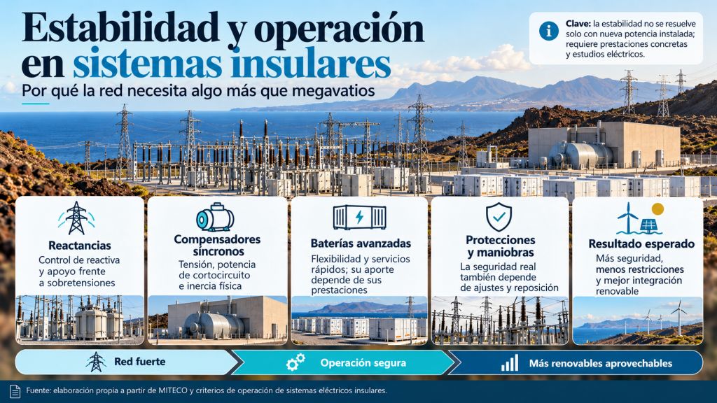 Infografía sobre la estabilidad eléctrica en Canarias, con reactancias, compensadores síncronos, baterías y protecciones para mejorar la seguridad y la integración renovable.