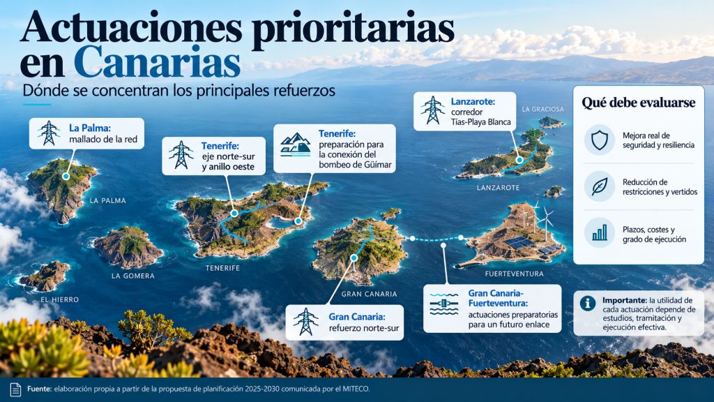 Mapa ilustrado de Canarias con los principales refuerzos eléctricos previstos hasta 2030, incluidos los de Tenerife, Gran Canaria, La Palma, Lanzarote y Fuerteventura.