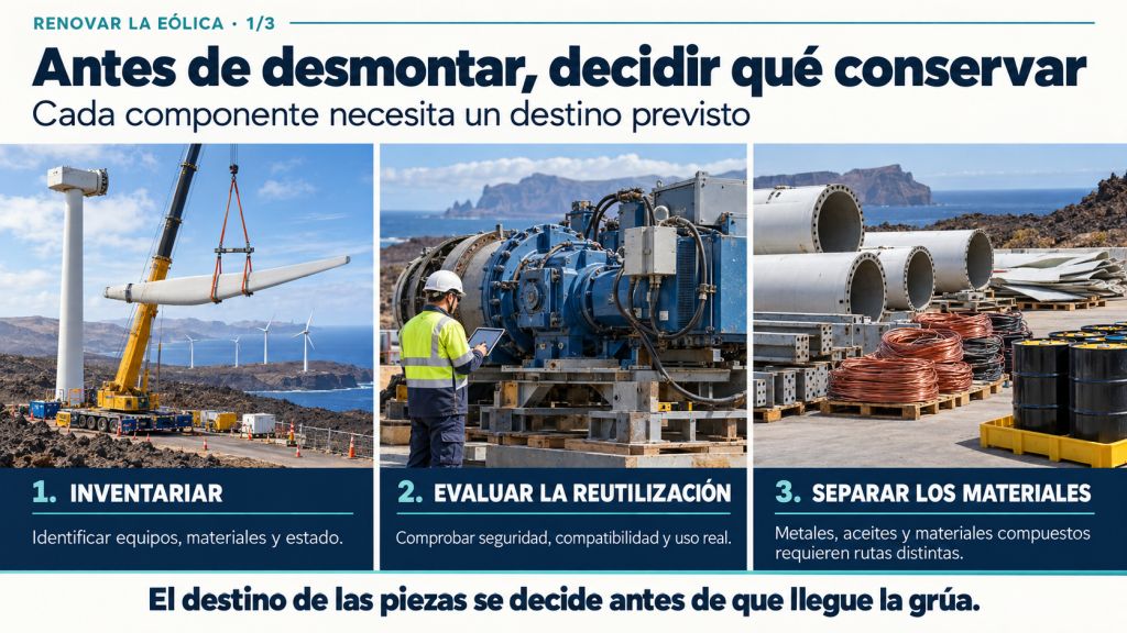 Desmontaje de un aerogenerador, evaluación de componentes reutilizables y separación de metales, aceites y materiales compuestos.