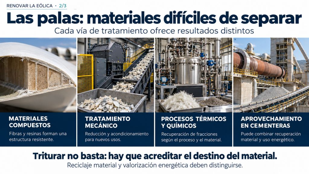 Composición de las palas eólicas y vías de tratamiento: procesos mecánicos, térmicos, químicos y aprovechamiento en cementeras.