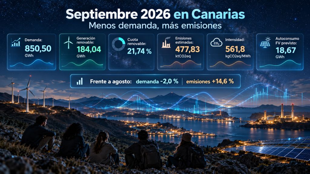 Infografía de septiembre de 2026 en Canarias con demanda, generación renovable, emisiones, intensidad y autoconsumo fotovoltaico