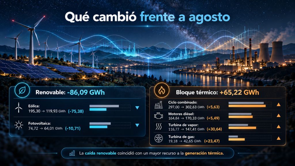 Infografía comparativa entre agosto y septiembre con caída de la generación renovable y aumento de la generación térmica en Canarias