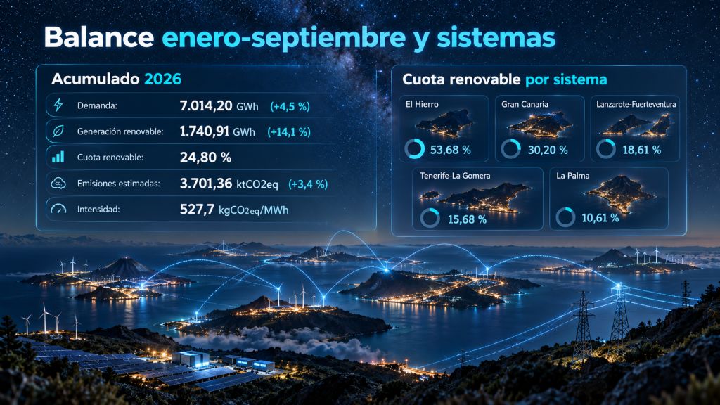 Infografía del balance energético de Canarias entre enero y septiembre de 2026 con cuota renovable por sistemas eléctricos insulares