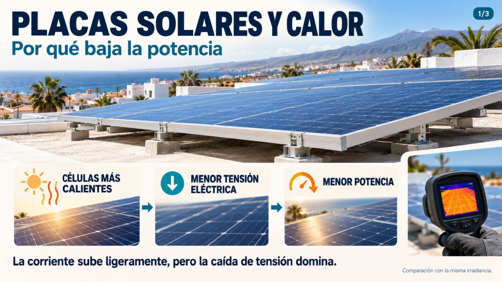 Placas solares y calor: el aumento de temperatura de las células reduce la tensión eléctrica y la potencia, con la misma irradiancia.