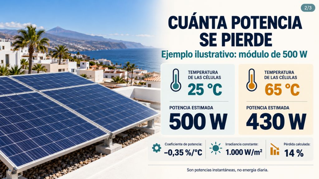 Comparación ilustrativa de un módulo solar: 500 W con células a 25 °C y 430 W a 65 °C, manteniendo la irradiancia.