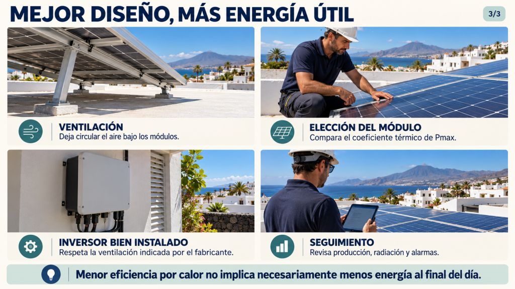 Medidas para reducir las pérdidas fotovoltaicas por calor: ventilación de los módulos, selección del panel, instalación adecuada del inversor y seguimiento de la producción.