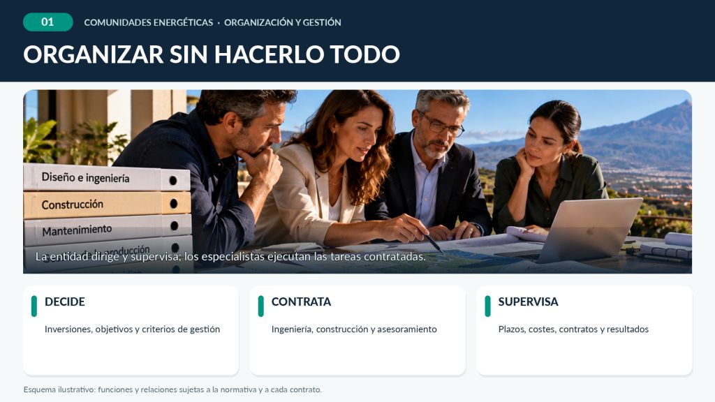 Infografía sobre gestión energética con profesionales revisando un proyecto y tres funciones diferenciadas: decidir las inversiones, contratar servicios especializados y supervisar los resultados.