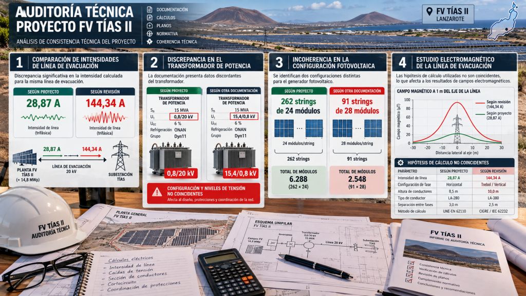 Infografía de la auditoría técnica de Tías II que compara discrepancias en intensidades eléctricas, transformador, configuración de módulos y campos electromagnéticos.