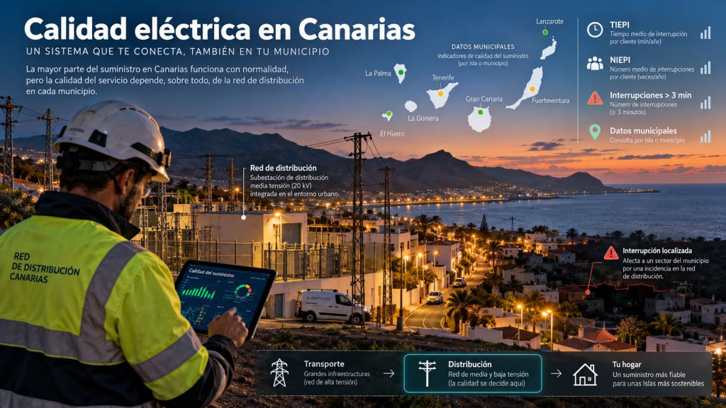 Calidad eléctrica en Canarias: Infografía sobre la calidad del suministro eléctrico en Canarias, con red de distribución, indicadores TIEPI y NIEPI e interrupciones locales.
