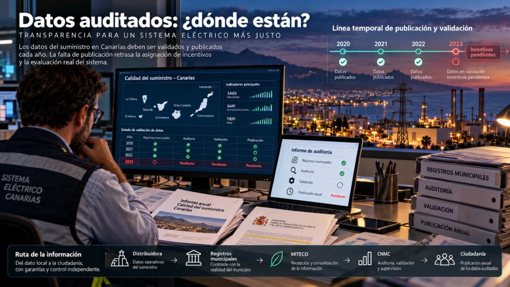 Datos auditados: Infografía sobre el proceso de auditoría, validación y publicación de los datos de calidad del suministro eléctrico en Canarias.