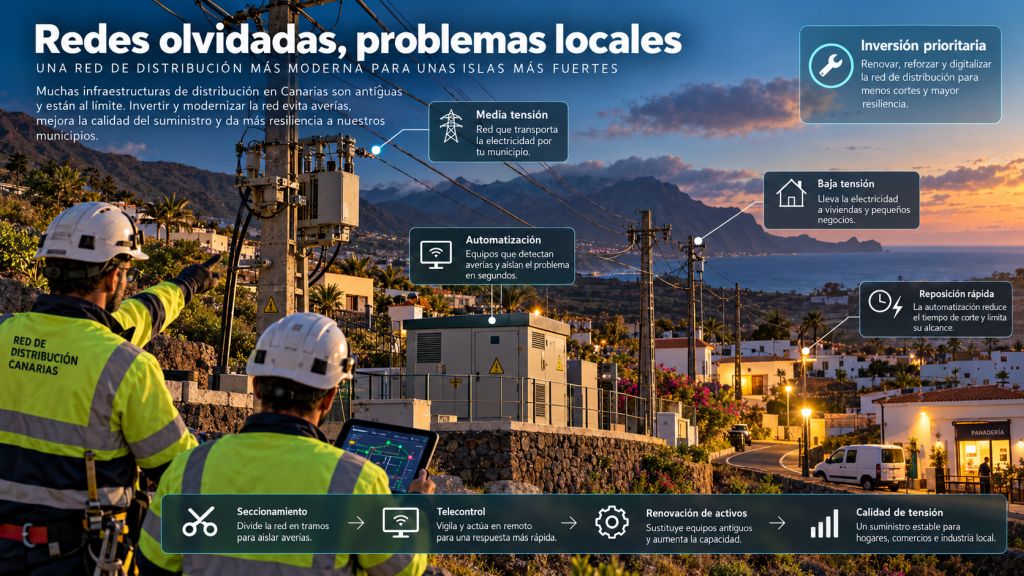 Redes olvidadas: Infografía sobre modernización de las redes de distribución en Canarias mediante seccionamiento, telecontrol, automatización y renovación de activos.